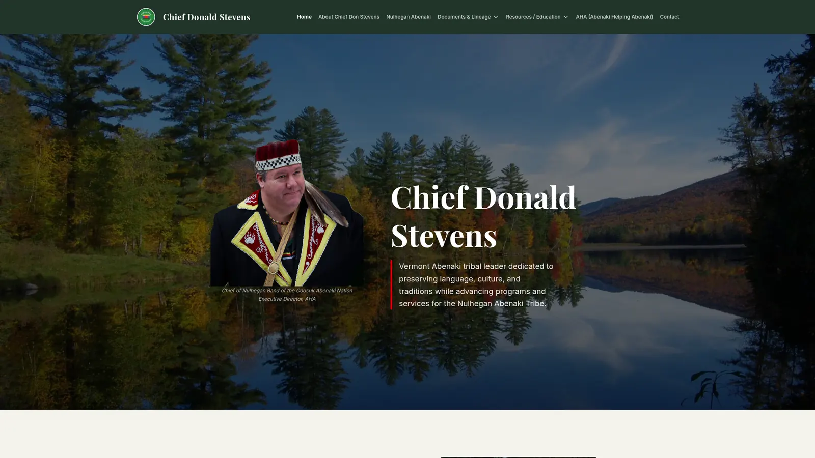 Chief Donald Stevens website homepage with a New England mountain landscape