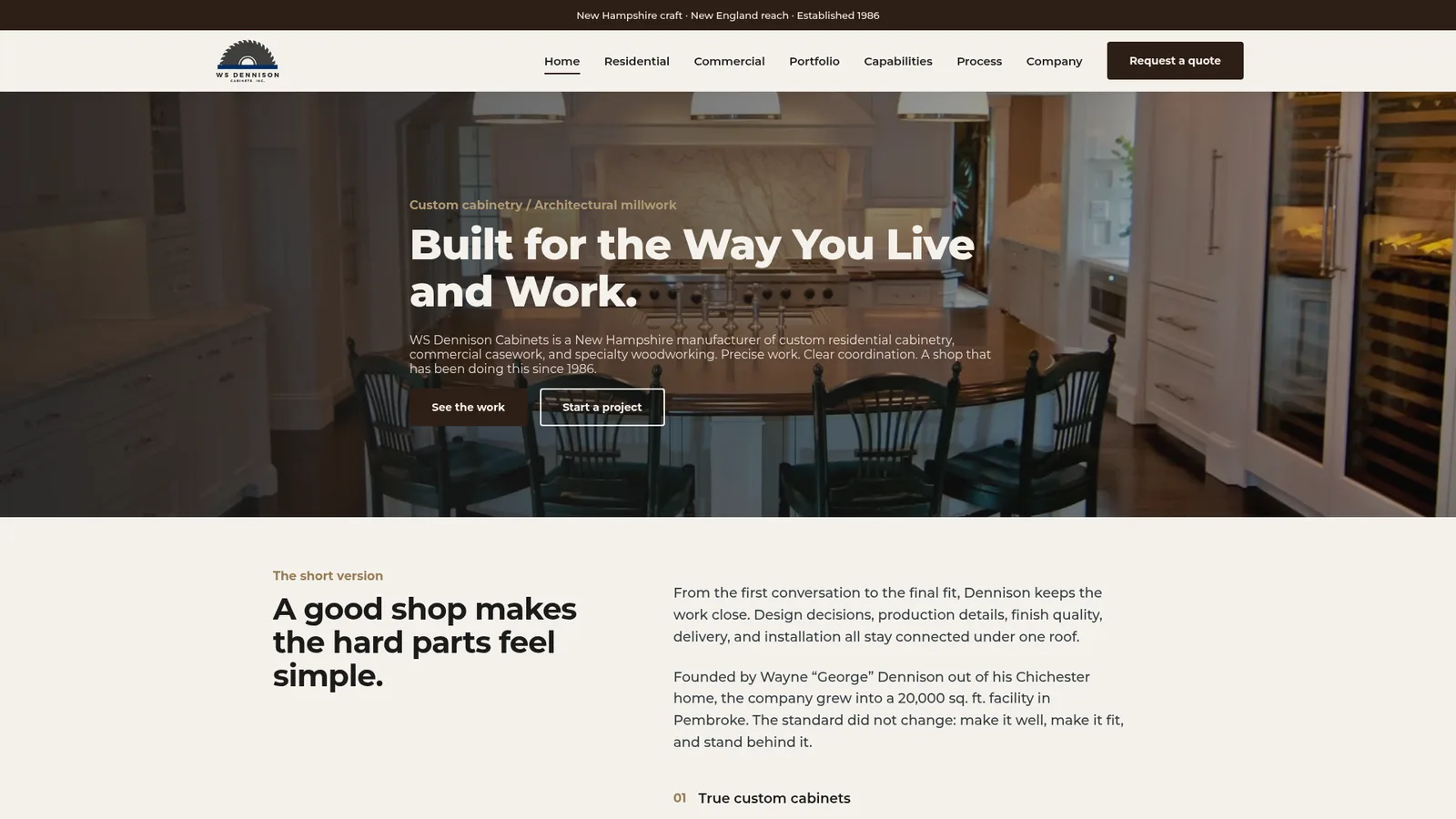 W.S. Dennison Cabinets website homepage featuring custom residential cabinetry and architectural millwork