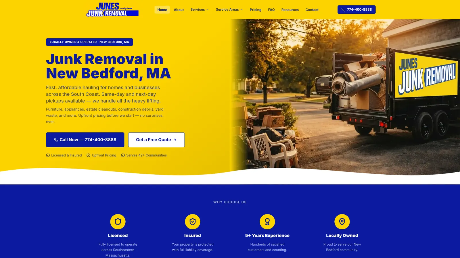 June's Junk Removal website homepage showing its local junk hauling service