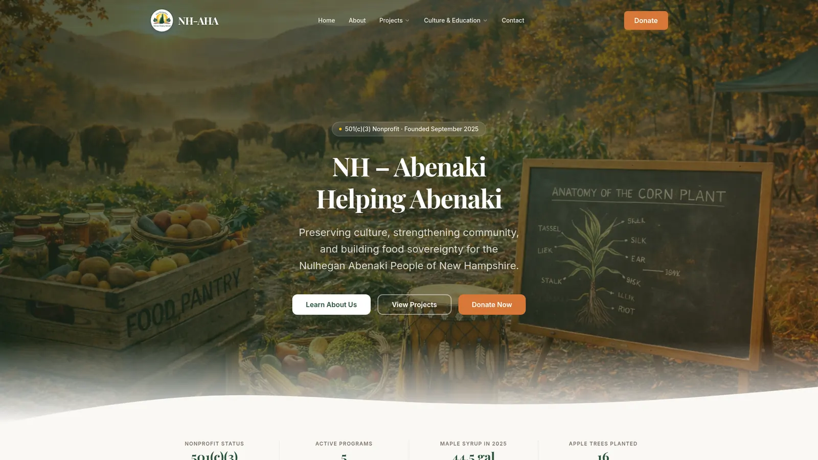 NH Abenaki Helping Abenaki nonprofit website homepage featuring food sovereignty