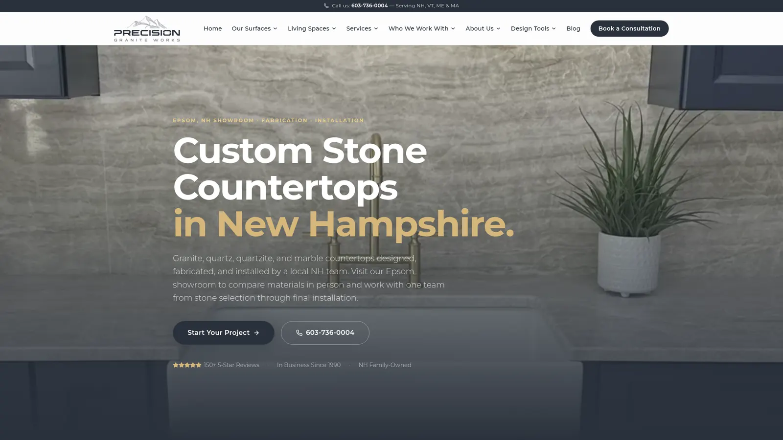 Precision Granite Works website homepage showing its custom stone countertop services