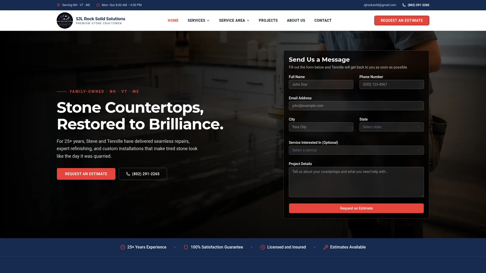 SJL Rock Solid Solutions website homepage for countertop repair and refinishing
